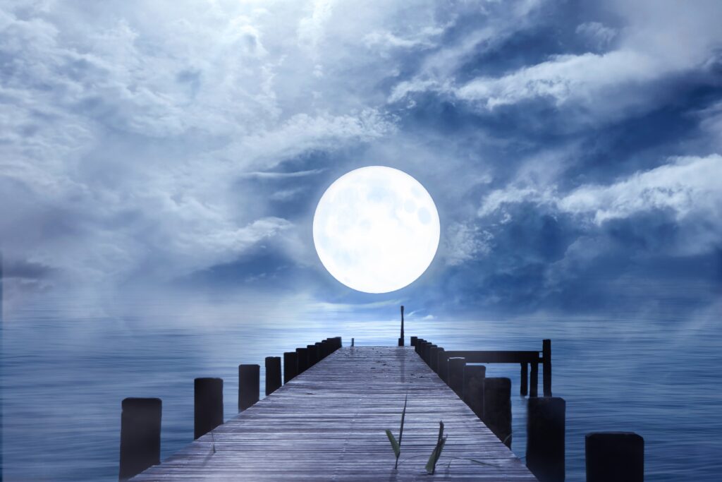 Steg zum Meer im Mondlicht, das den Weg in eine licht Zukunft im Dunkel unserer Welt weist.